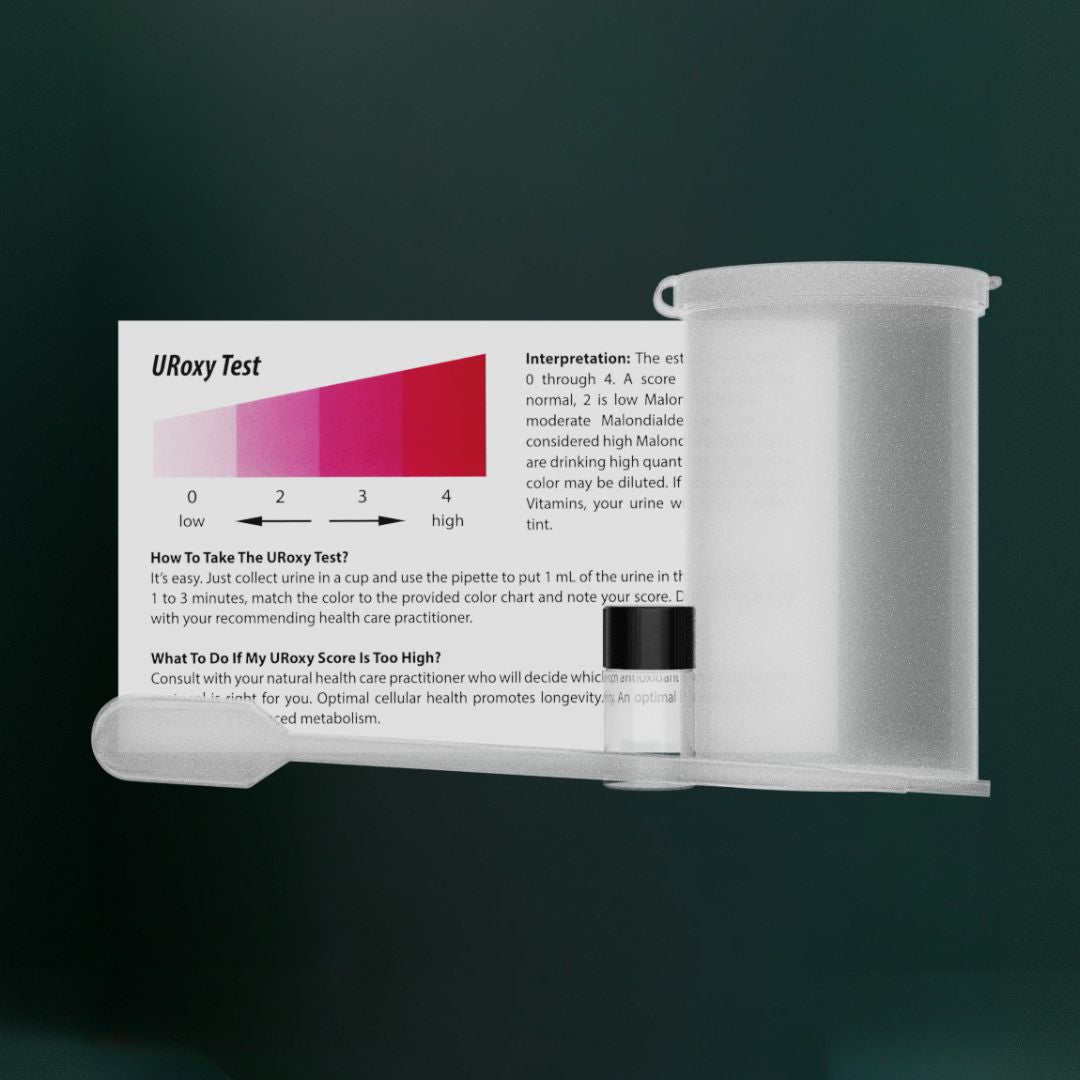 The R3 Toxin Tracker at-home oxidative stress test: collection cup, pipette, sample vial and colour-chart instruction card